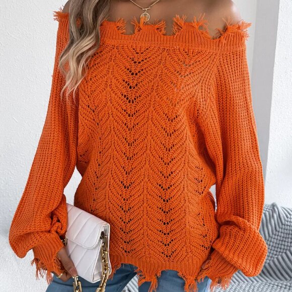 Distressed Hem Openwork Off-Shoulder Sweater - Picture 3 of 12